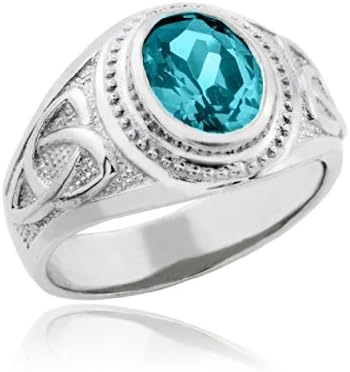 Celtic RingsMen's 925 Silver Eternal Trinity Knot Band March Birthstone Blue CZ Celtic Cross Ring