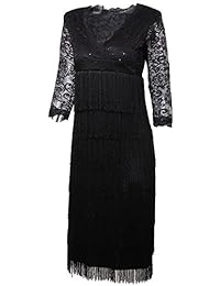 Vijiv Vestido formal de fiesta de cóctel con flecos de lentejuelas de encaje para mujer