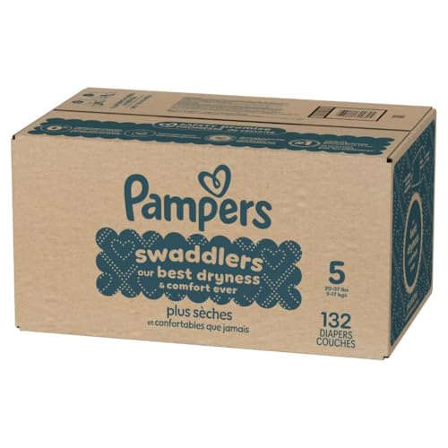 PAMPERS SWADDLERS DIAPERS, SIZE 5 (20-37 LBS), 132 COUNT, ABSORBENT, KEEPS BABY DRY AND COMFORTABLE, SKIN SAFE DISPOSABLE BABY DIAPER (PACKAGING MAY VARY)