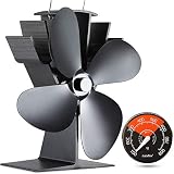 GALAFIRE [ 2 Years ] 122&deg;F Start Silent Heat Powered Wood Stove Fan 4 Blade Black Small for Gas/Pellet/Wood/Log Burning Stoves + Thermometer
