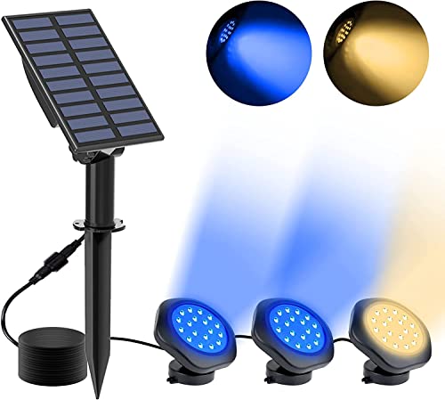 NATPOW Solar Pond Lighting, Blue & Warm White 3000 K Underwater Light, Landscape Headlight, Pond Lights, Diving Spotlight with IP68 Waterproof, Garden Lighting for Pool, Garden, Patio, Tree (3 in 1)