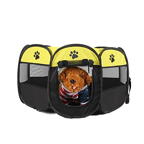 UNFADE MEMORY Portable Foldable Pet Playpen, Indoor/Outdoor, Dog/Cat/Puppy Exercise pen Kennel, Removable Mesh Shade Cover, dog pop up silhouettes pet pen - Yellow, M - Thumbnail 7