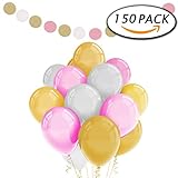 150 Pack 12 Inches Pink Gold White Latex Balloons with Polka Dot Garland for Party Decorations by Paxcoo