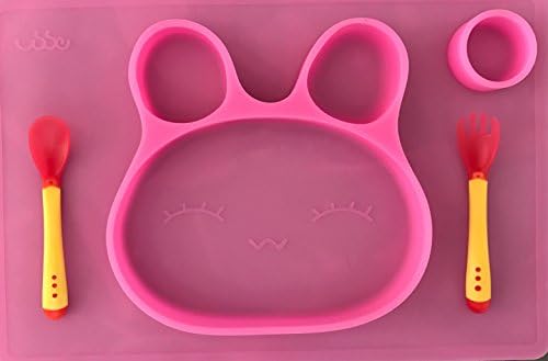 Moms Trust Silicone Placemat Compartment Plate with Silicone Spoon Fork for Babies and Toddlers - Portable Non Slip Meal Prep for Kids that Suctions to Tables Bunny Shape (Pink)