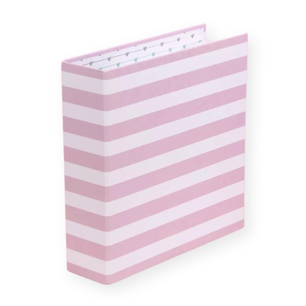 Craftelier - Pink Stripe Lined Cardboard Album | Pink and White - White 2 Ring System - Hard Covers and Sturdy | Dimensions 22.5 x 23 cm (6" x 8").