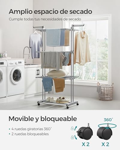 SONGMICS Tendedero, Tendedero Plegable de 4 Niveles, Asas Plegables, con Ruedas, 63.5 x 128 x 173 cm, Interior y Exterior, Gris MLLR701G01
