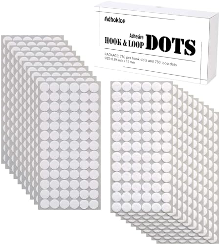 Adhoklop 1560 Pcs (780 Pairs) Dots with Adhesive 0.59 Inch Diameter Hook and Loop Nylon Sticky Back Glue Tapes, Adhesive Strips Fastener Round Tapes for School Classroom Teacher Supplies (White)