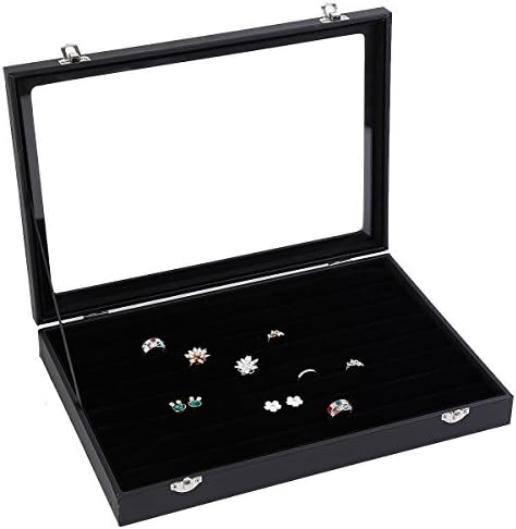 Soaptree Ring Necklace Bracelet Organizer Jewelry Storage Velvet Tray Case With Glass Lid,1 PIECE