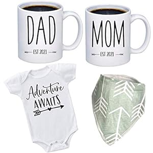 Pregnancy Gift EST 2022 – New Mommy and Daddy EST 2022 11 oz Mug Heart Set with”Adventure Awaits” Romper (0-3 Months) – Top Mom and Dad Gift Set for Expecting Parents to Be – Pregnancy Announcement
