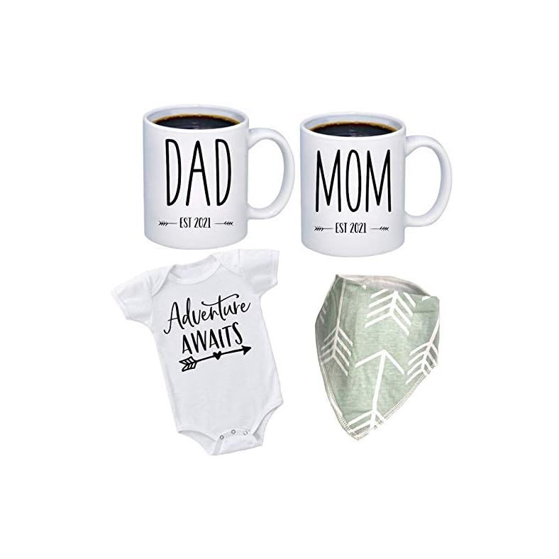 Pregnancy Gift EST 2022 – New Mommy and Daddy EST 2022 11 oz Mug Heart Set with”Adventure Awaits” Romper (0-3 Months) – Top Mom and Dad Gift Set for Expecting Parents to Be – Pregnancy Announcement