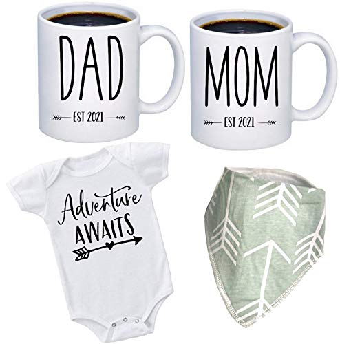 Pregnancy Gift EST 2022 – New Mommy and Daddy EST 2022 11 oz Mug Heart Set with”Adventure Awaits” Romper (0-3 Months) – Top Mom and Dad Gift Set for Expecting Parents to Be – Pregnancy Announcement