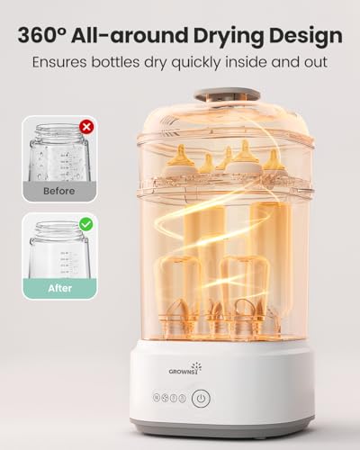 Grownsy Baby Bottle Sterilizer and Dryer, Compact Baby Bottle Sterilizer, Electric Steam Bottle Sanitizer for Baby Bottles, Pacifiers, Pump Parts