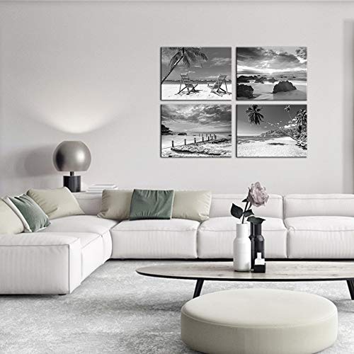 Nachic Wall Black and White Beach Wall Art 4 Piece Sea Sunrise Palm Tree Landscape Picture Painting on Canvas for Modern…