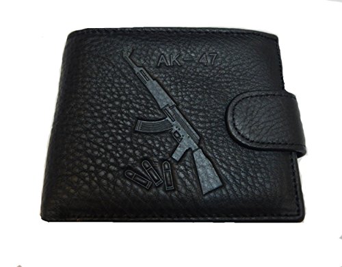 Mossad AK47 Men's Genuine BLACK Leather Wallet - Gift Boxed Bi-Fold Leather Wallet