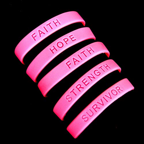 Dazzling Toys Breast Cancer Awareness Bracelets Pink Silicone Bracelets with Messages of Hope, Faith, Strength, and Survivor | 144 Pack