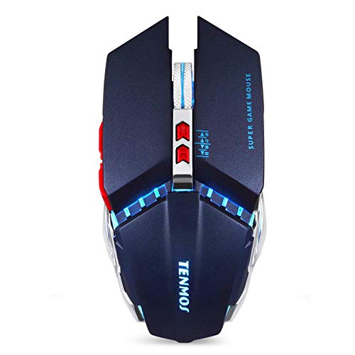 TENMOS T12 Wireless Gaming Mouse Rechargeable, 2.4G Silent Optical Wireless Computer Mice with Changeable LED Light Compatible with Laptop PC, 7 Buttons, 3 Adjustable DPI (Navy Blue)
