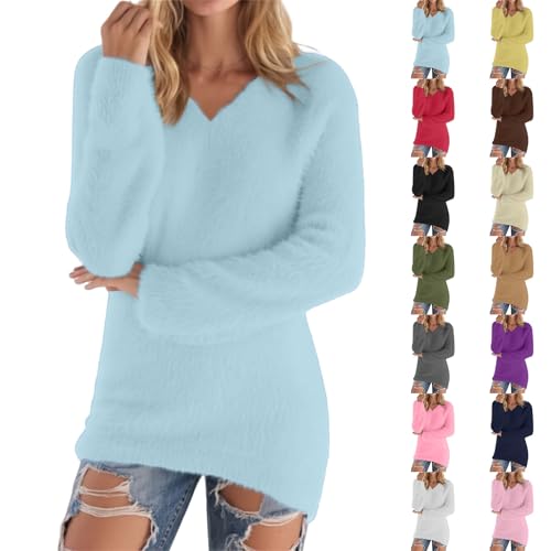 Fleece Sweatshirts for Women Long Sleeve Tops Solid Color Jumpers v Neck Stretch Ladies Soft Cozy Plush Pullover Oversized Sweatshirt Outdoor Baggy Autumn Sweaters Sky Blue XXL