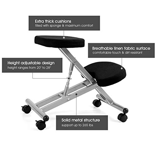 Giantex Kneeling Office Chair Ergonomic Adjustable Desk Posture Stool for Back Relief Meditation Gaming Computer Work Thick Sponge Cushion Steel Frame Linen Gauze Fabric Knee Chairs, Black - Thumbnail 4