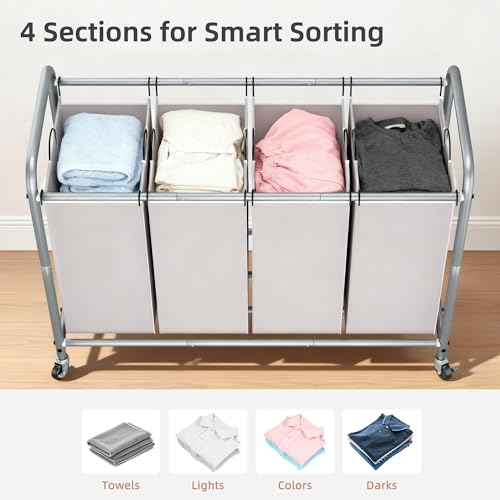 STORAGE MANIAC Laundry Sorter 4 Section, 47.5 Gal (180 L) Laundry Hamper with Wheels, Clothes Divider Basket Sorter, Separator Hamper Cart with Removable Bags, Gray