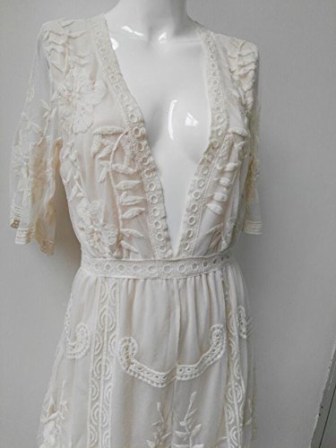 Eleter Women's Deep V-Neck Lace Romper Short Sleeve Long Dress (Medium, White-Short Style)