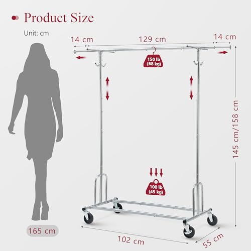 Tajsoon Heavy Duty Clothes Rack Foldable Garment Rack with Wheels and Extendable Rod, Freestanding Clothing Rack for Hanging Clothes, Adjustable ＆ Collapsible Rolling Racks with Bottom Shelf, Chrome