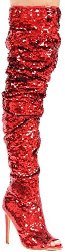 Weboo Dazzle-01 Thigh High Over Knee Sequin Sparkle Open Toe Stiletto Heel Boot Red 9