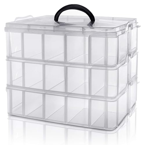 KOWVOWZ 3 Tier Stackable Storage Container Box 30 Compartments Plastic Storage Box with Adjustable Compartments Transparent Container Plastic Storage Box-5L x 5W x 5H centimeters