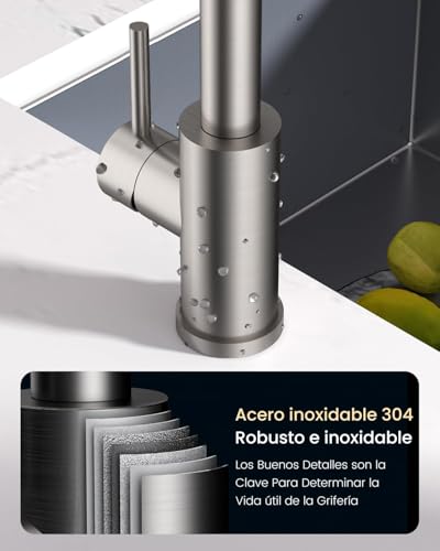 APPASO Grifo de cocina, SUS304 grifo de acero inoxidable con pull down pulverizador de 3 modos, grifo monomando de fregadero níquel cepillado (Sin dispensador de jabón)