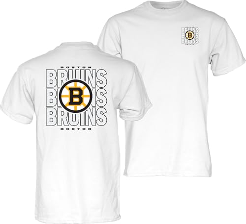 Blue 84 Boston Bruins NHL Officially Licensed T-Shirt Front/Back Curl White, Me…