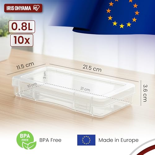 Iris Ohyama, Small Storage Box with Hinged Lid, 0.8L, Set of 10, Transparent, Stackable, Clip-Closure, for Puzzles, LEGO, Markers, Craft Material, Screws, BPA-Free, MCC-M