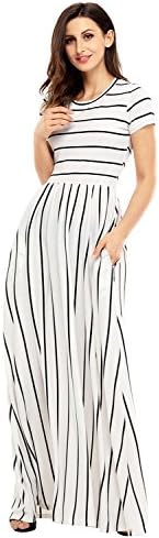 Women 3/4 Sleeve Elastic Waist Loose Long Dress Casual Striped Round Neck - Maxi Long Dress Side Pocket