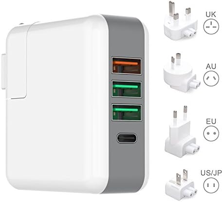 All-in-One USB Travel Charger Plug, 4 Port Charger Adapter with UK EU US AU International Plug Quick Charger 3.0 Tech Type C for MacBook Cell Phone Wall Chargers for iPhone ,iPad, Samsung Galaxy