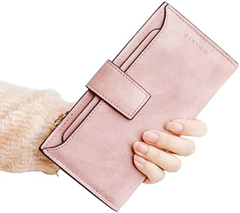 Womens Wallet Vintage Matte Clutch Card Holder Buckle Zipper Long Purse (Pink 3)