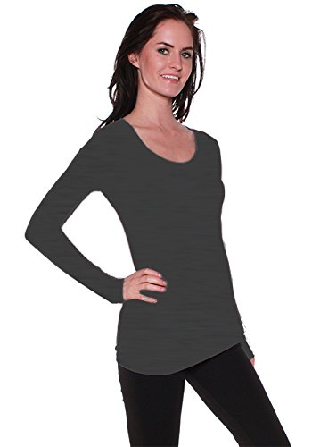 Active Basic Womens Plain Basic Deep Scoop Neck Long Sleeves Top Shirt