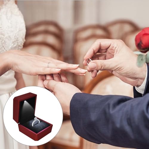 Colexy Ring Box with LED Light, Velvet Box, Jewellery Box for Rings, Rings LED Jewellery Storage Boxes, for Proposal Engagement, Weddings and Valentines, 5.8 x 6.3 x 5 cm, Red-A