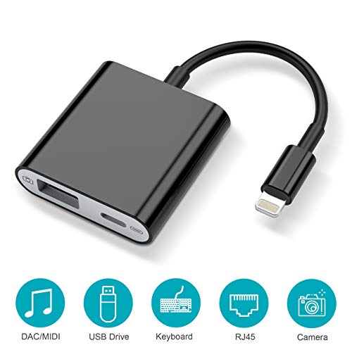 HENKUR USB Camera Adapter with Charging Port, USB OTG Cable Compatible with iPhone 11 X 8 7 6 iPad Air Pro Mini, Support iOS 9.2 to 13, USB Flash Drive, Card Reader, MIDI Keyboard, Upto 500mAh (Black)