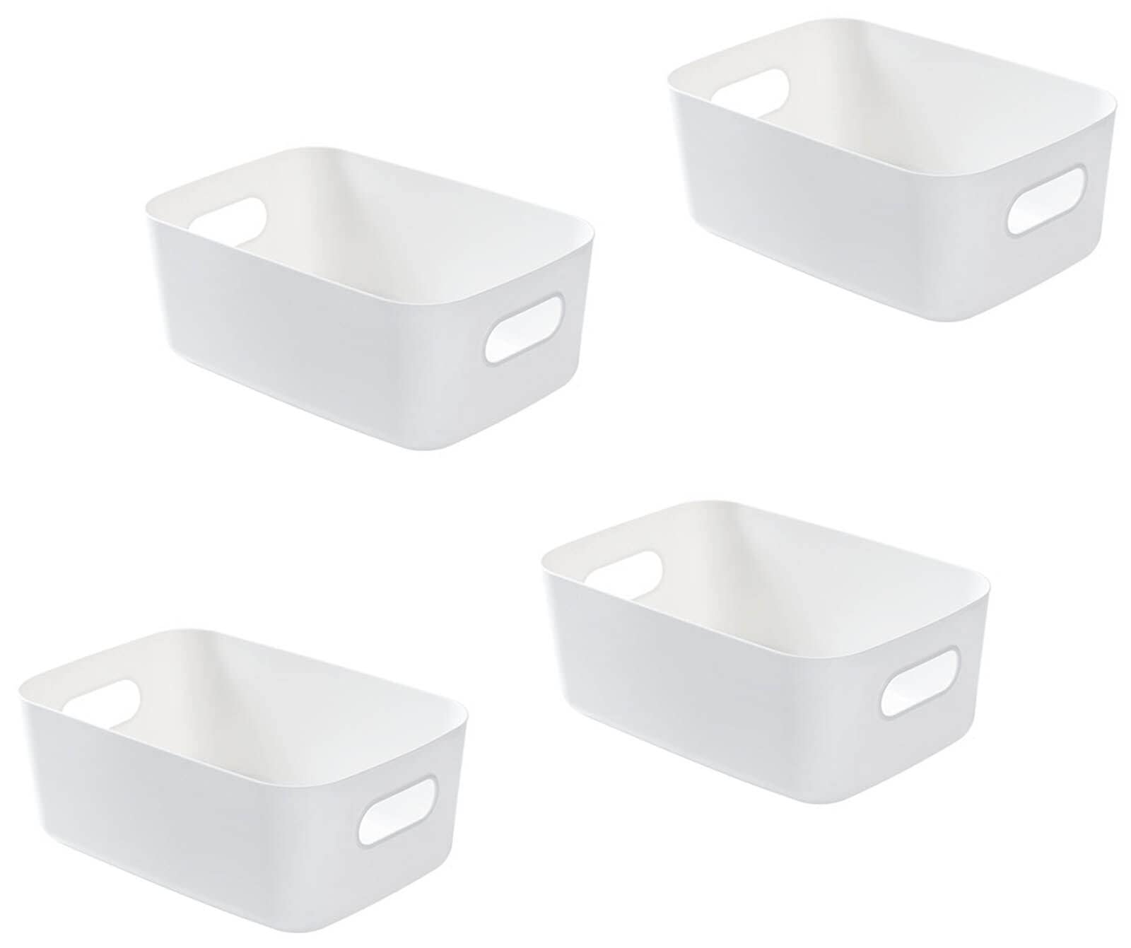 Bgfuni Set of 4 White Plastic Storage Baskets, Kitchen Cupboard Storage Tray, Bathroom Drawer with Handle for Stacking Kitchen, Bedroom, Office, 19 x 13.5 x 7.5 cm (White)
