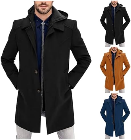 Men's Fleece Lined Hoodies Single Breasted Trench Coat Fake 2