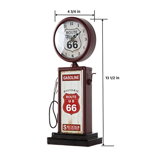 Lily's Home Old Fashioned Route 66 Gas Pump Mantle Clock, Silent-Non-Ticking with Quartz Movement, Makes an Ideal Gift for Antique Sign Collectors, Brown/Red (13 1/2