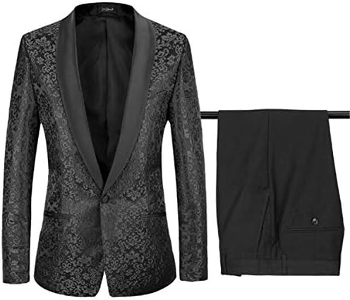 Wilngo Men's Elegant Two Piece One Button Luxury Floral Tuxedo Wedding Party Jacket & Pants Suit