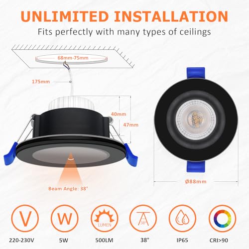 KYOTECH LED Recessed Spotlight 230 V 5 W IP65, Recessed Spotlight 68-75 mm, Extra Flat Bathroom Spotlight 3000K Warm White 3000K, Ceiling Spotlights for Bathrooms, Living Rooms, Kitchen, Hallway, Round Black Pack of 6