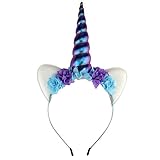 YanJie Shiny Unicorn Horn Ears Flower Headband Cosplay Costume (blue iridescent)