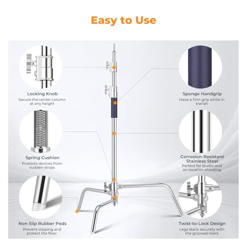 K&F CONCEPT Heavy Duty C Stand 10.8ft/330cm with Holding Arm Carry Bag Sandbag, 2*Grip 1* Sandbag Head Stainless Steel Photography Light Stand C-Stand Sturdy for Studio Monolight, Softbox, Reflector