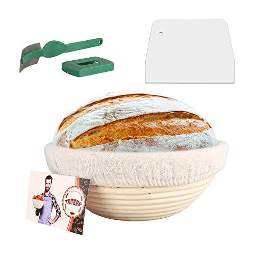 10" Banneton Bread Proofing Basket Set-Brotform Rattan Basket with(Cloth Liner,Dough Scraper,Bread Lame,Instruction) for Rising Round Crispy Crust Baked Bread Making Dough Loaf Boules