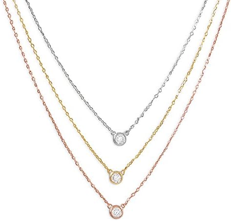 Three-tone Triple Necklace with Cubic Zirconia 14 Karat Yellow Gold and Rose Gold on Sterling Silver