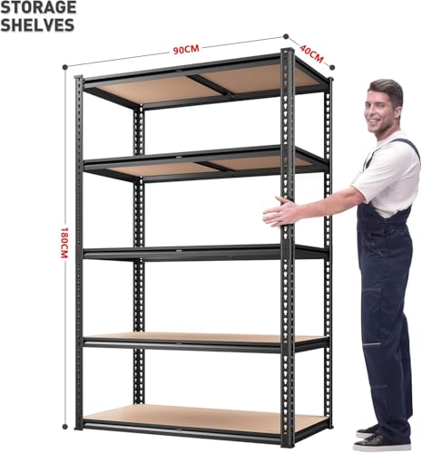 2020LBS Garage Shelving Heavy Duty 5 Tier Storage Shelves Adjustable Metal Shelving for Basement, Warehouse, Pantry, Closet, Kitchen, Easy Assembly, 90cm x 40cm x 180cm, Galvanized (Black)