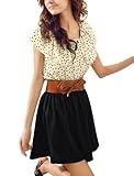 Allegra K Women Dots Print Flouncing Patchwork Dress W Waist Belt