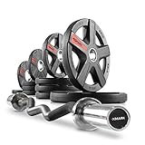 XMark Olympic Bar Curl Bar with Weights Offer, Olympic Weights, Pairs or Sets, Texas Star Olympic Weight Plates, Rubber Coated, Patented Design XM-3389 with EZ Curl Bar, Black Manganese 28mm XM-3675