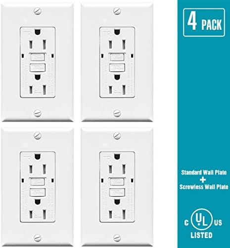 TOPELE 15A GFCI Outlet 125 Volt Tamper-Resistant Receptacle, Indicators with LED Light, 2 Wall Plates and Screws Included, White, UL Listed (Pack of 4)