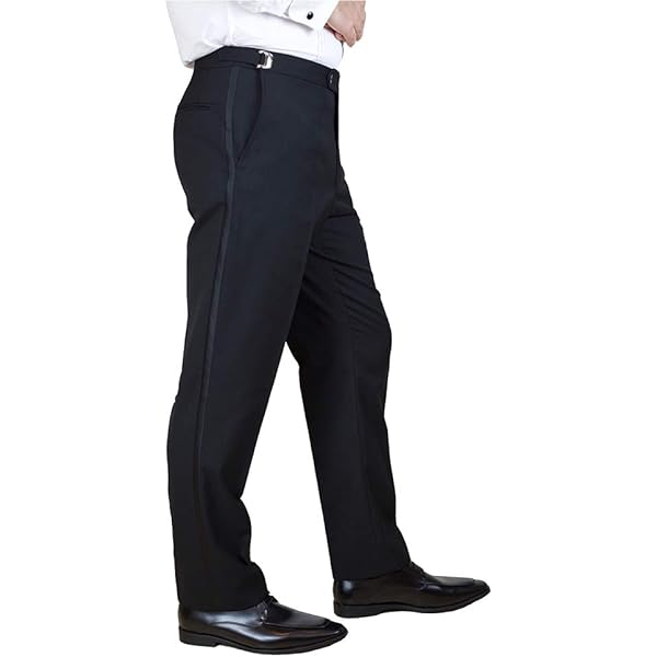 Broadway Tuxmakers Men's 100% Wool Adjustable Tuxedo Pants With Satin Stripe - Formal Black Dress Pants